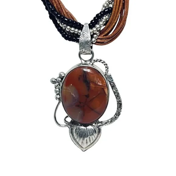 12 Strand Black And Gold Seed Bead Necklace With Floral Jasper Pendant (5892) - Picture 3 of 6